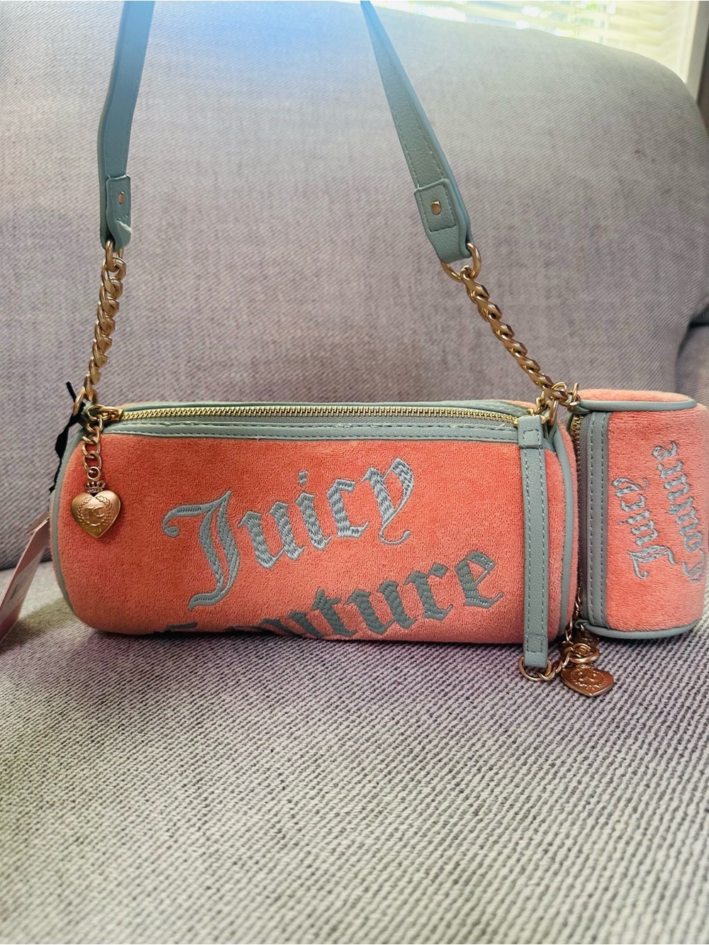 Juicy Couture Coral Suede Barrel Bag with Mint Trim and Gold Chain NwT - Picture 1 of 6